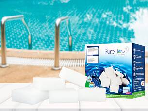 Der Wasserfilter von PureFlow filtert das Badewasser mit High-Tech-Polymerfasern. Er besteht aus drei Spezialfasern, die in einer Schicht verbunden sind und in Form und Dicke variieren.