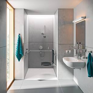 Das moderne Bad ist auch mit Halte- und Stützgriffen sowie Duschsitzen zeitlos und formschön umsetzbar.