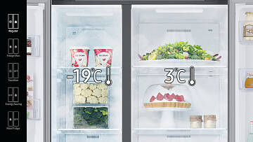 Die neuen Kühlgeräte von Samsung bieten flexiblen Stauraum für verschiedene Lebensmittel dank dünner ­Außenwände bei gleichen Außenmaßen.