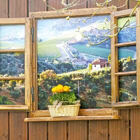 Das alte Eichenholzfenster ziert die Gartenecke. Die Alternative zum Leinwand-Foto wäre Spiegelglas, das in den Rahmen eingesetzt wird.